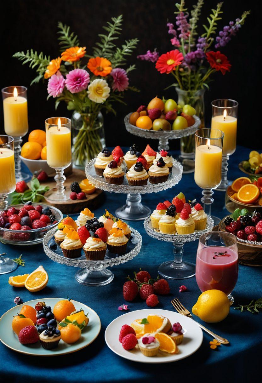 A beautifully arranged table featuring various pudim desserts in exquisite glassware, surrounded by colorful fruits and herbs. The scene captures a warm, inviting atmosphere with soft, ambient lighting, emphasizing the creamy textures and glossy finishes of the pudim. Include a sprinkle of edible flowers for an elegant touch. super-realistic. vibrant colors. warm lighting.