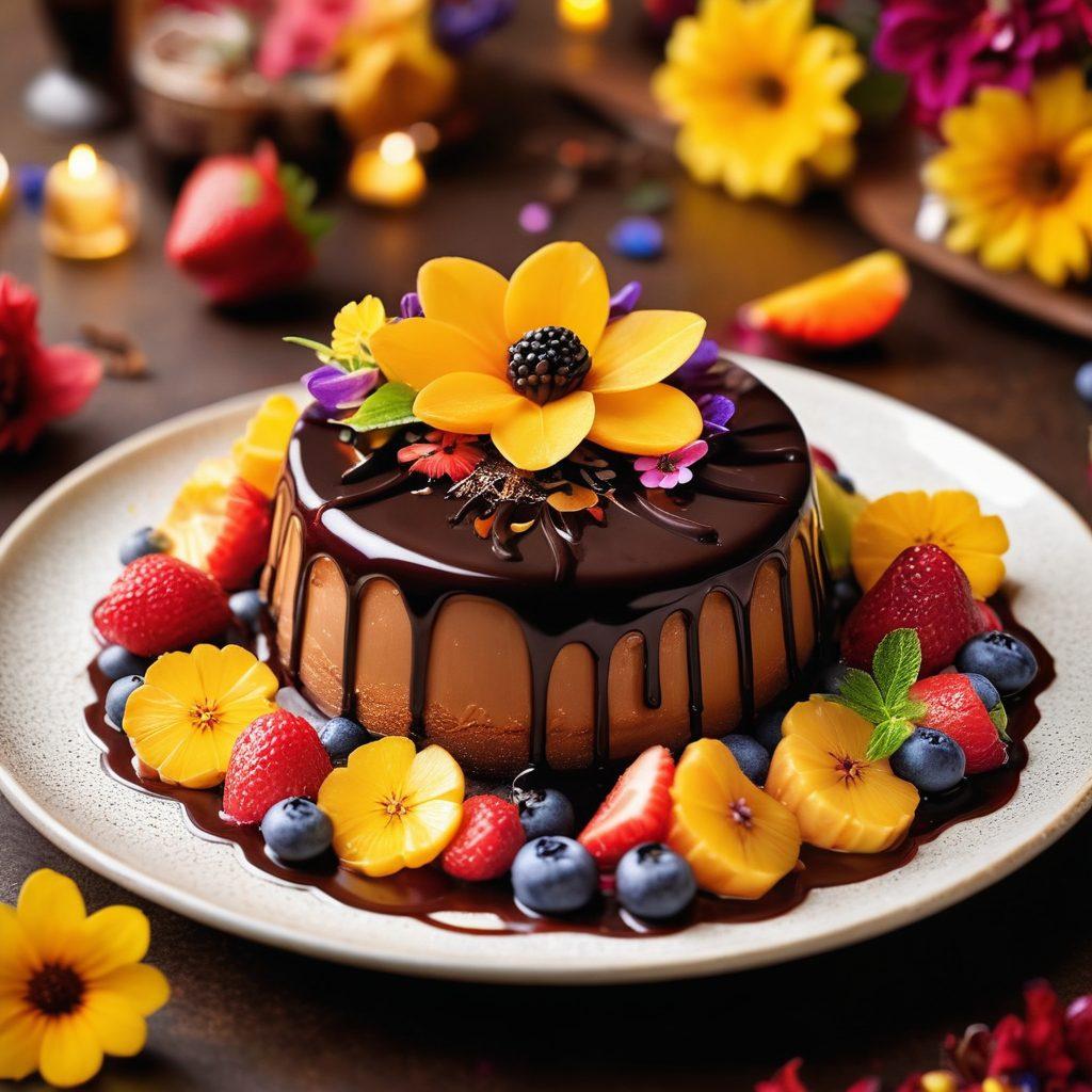 A luscious chocolate dessert drizzled with rich, dark chocolate sauce, paired with a beautifully arranged festive flan topped with colorful fruits and edible flowers. Soft warm lighting enhances the textures of the desserts, evoking a sense of indulgence and happiness. Include a festive background with twinkling lights and cheerful decorations. super-realistic. vibrant colors. soft focus.