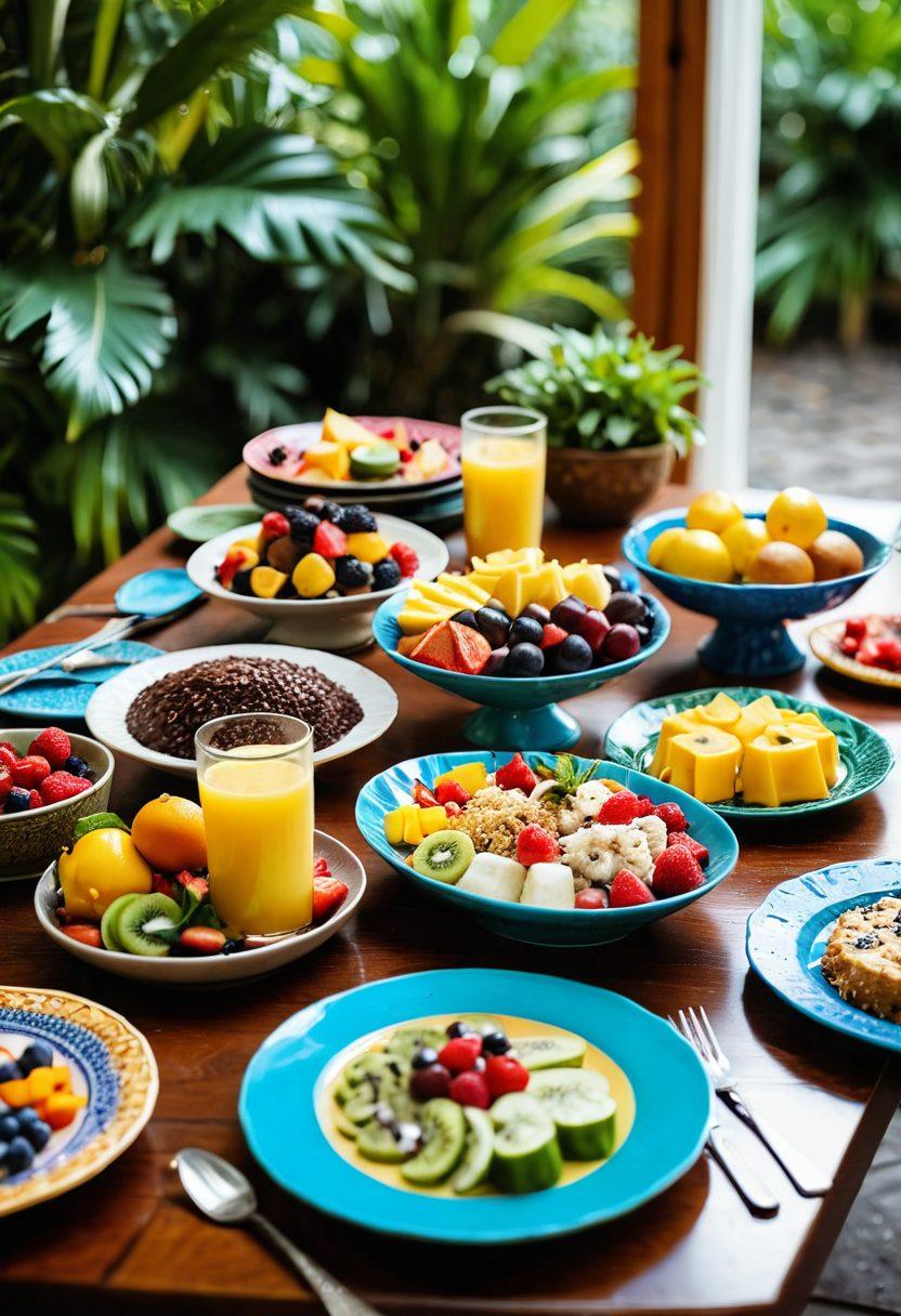 A vibrant table set with an array of colorful Brazilian pudim, featuring various flavors and toppings like coconut, chocolate, and fruits. In the background, lush tropical plants and a sunlit patio create a lively and inviting atmosphere. A joyful family sharing pudim, laughter, and warm interactions can be seen in soft focus. Brightly colored plates and cutlery enhance the festive mood. super-realistic. vibrant colors. soft focus.